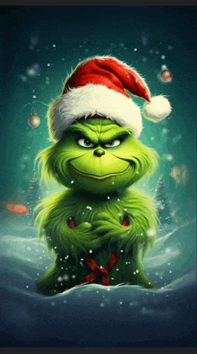 a grinch wearing a santa hat with a red bow around his neck