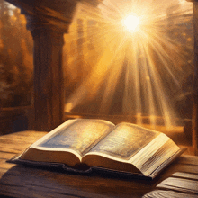 an open bible with the sun shining through it