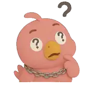 a pink cartoon bird with a chain around its neck has a question mark above its head