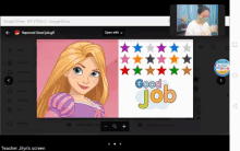 a screen shows a cartoon of rapunzel and the words " good job "