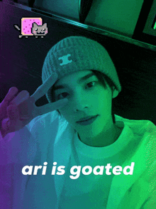 a man wearing a beanie giving a peace sign with ari is goated written below him