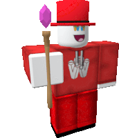 a roblox character is wearing a red top hat and holding a stick