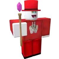 a roblox character is wearing a red top hat and holding a stick