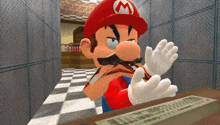 a cartoon of mario sitting at a desk with a keyboard in front of him