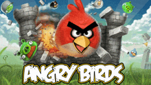 an angry birds poster with a red bird and pigs