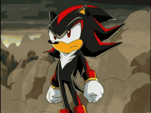 shadow the hedgehog from the video game sonic the hedgehog stands in front of a cloudy sky