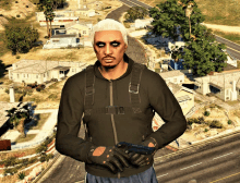 a man in a video game holding a gun and wearing gloves