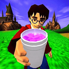 harry potter is holding a cup of pink liquid