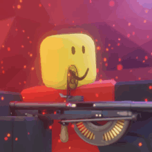 a yellow roblox character holding a gun with a smiley face on his face