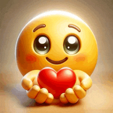 a cartoon smiley face is holding a red heart in its hands