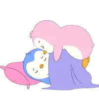 a pink penguin is kissing a blue penguin on a pillow
