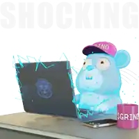 a mouse wearing a pink hat with the word grind on it is using a laptop
