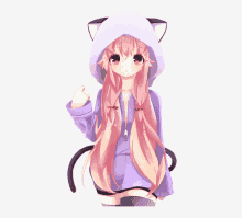 a girl with pink hair is wearing a cat hood