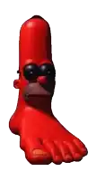 a red sausage with sunglasses and a mustache looks like a cartoon character 's foot
