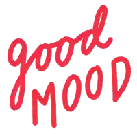 a red sign that says " good mood " on a white background