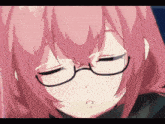 a girl with pink hair is wearing glasses and has a question mark in her mouth