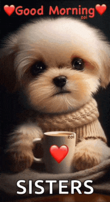 a picture of a puppy holding a cup of coffee with the words good morning sisters below it