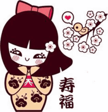 a cartoon illustration of a kokeshi doll with flowers and a bird in a speech bubble .