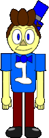 a cartoon character is wearing a blue shirt and a blue top hat .