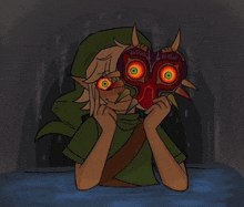 a cartoon drawing of link holding a mask with a 666 on it