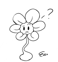 a black and white drawing of a flower with a question mark on it 's head .