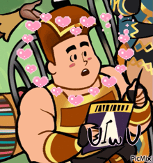 a cartoon of a man with hearts around his head and the word uwu on the bottom left