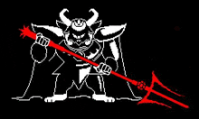 a pixel art of a demon holding a red spear on a black background .