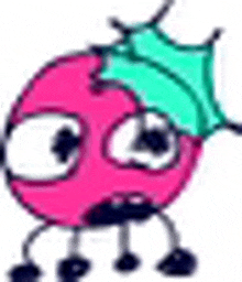 a pink cartoon character with a green leaf on its head and arms .