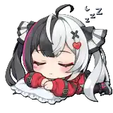 a black and white anime girl is sleeping on a pillow with her eyes closed .