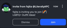 a popup that says invite from fajita @ literallyapc now