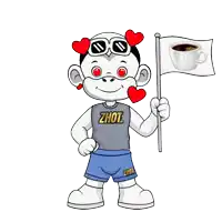 a cartoon character holding a flag and wearing a shirt that says zhot