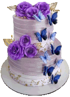 a purple cake with purple roses and blue butterflies