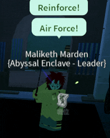 a screenshot of a video game that says reinforce air force maliketh marden abyssal enclave leader