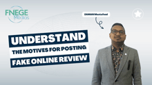 a man in a suit is standing in front of a banner that says understand the motives for posting fake online review