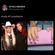 a picture of a woman in a cowboy hat and a picture of a woman 's nails .