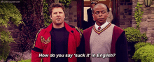 two men are standing next to each other and one of them says how do you say " suck it " in english