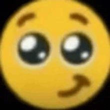a close up of a yellow smiley face with big eyes and a smirk .