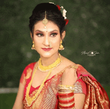 a woman wearing a red saree and gold jewelry is photographed by a photographer named anand