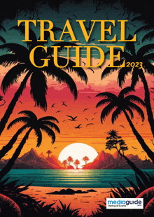 a travel guide for the year 2023 with palm trees and birds