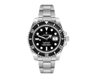 a silver and black rolex submariner watch with a black face