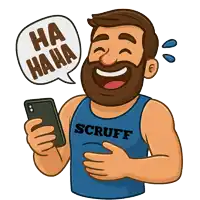a cartoon of a man wearing a scruff shirt laughing at something on his phone