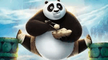 a panda bear from kung fu panda is sitting on a rock holding a basket of food .