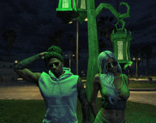 a man and a woman are standing next to each other under a green lantern