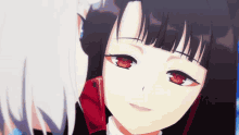 a close up of a girl 's face with red eyes and black hair .