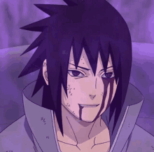 a close up of a purple haired anime character with blood coming out of his face