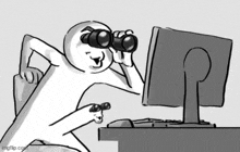 a cartoon of a person looking through binoculars at a computer screen .