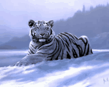 a painting of a white tiger laying in the snow with the letters t on it