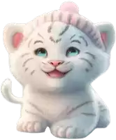 a white cat wearing a pink hat and smiling