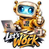 a robot giving a thumbs up with the words let 's work below