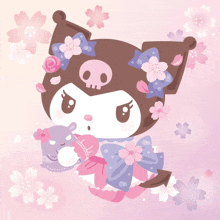 a cartoon drawing of a pig with flowers around her head